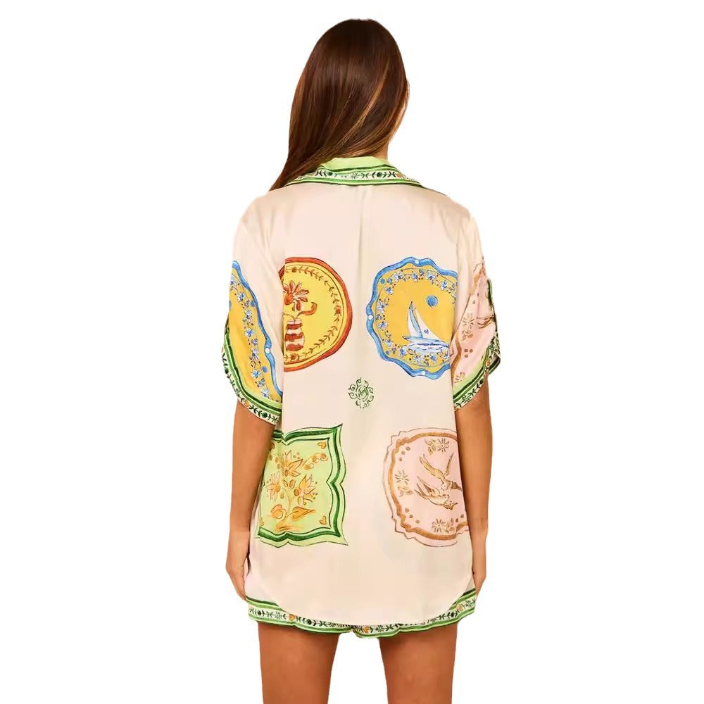 Loose Fashionable Printed Satin Shirt Collar Suits
