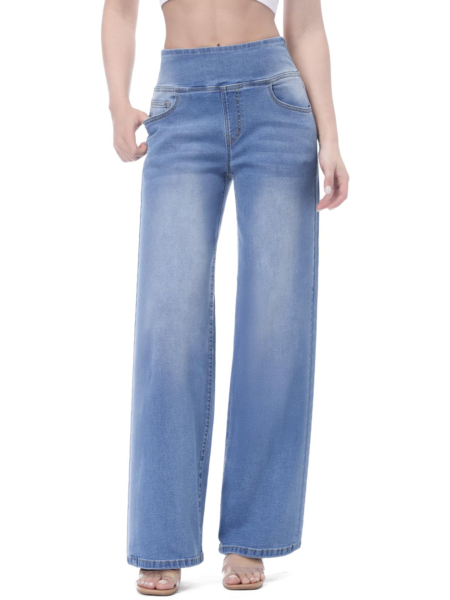 Women's Elastic Fashion Belly Contracting Strap Pocket Jeans