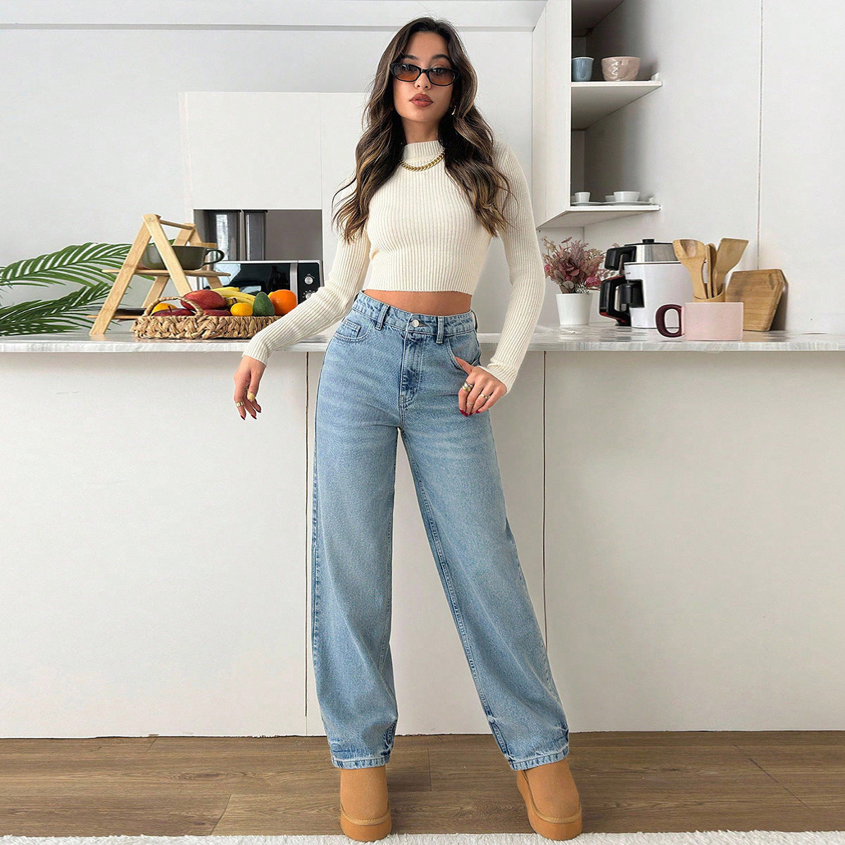 Women's Retro Washed High Waist Stretch Belt Pocket Women's Jeans