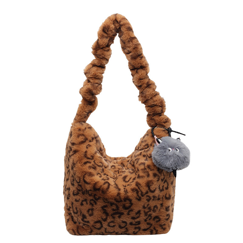 Women's Leopard Print Fur Trendy Underarm Commuting Crossbody Bags