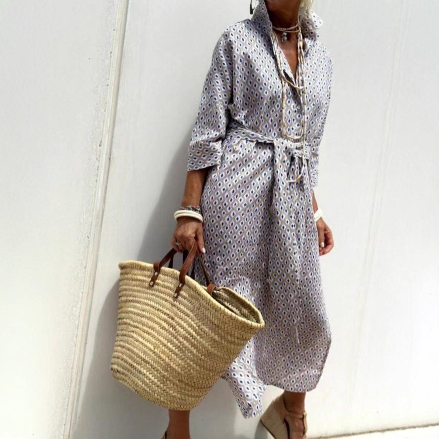 Women's Half Sleeve Striped Lapel Shirt Dress