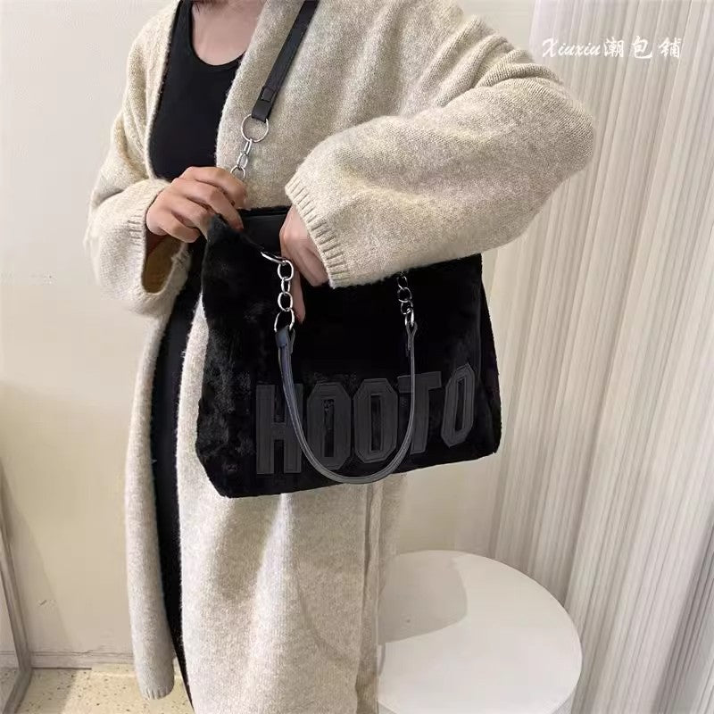 Women's Plush Large Capacity Commuting Fashionable Letter Tote Bags