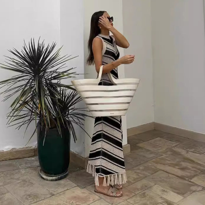 Women's Striped Tassel Knitted Dress Sleeveless Summer Dresses