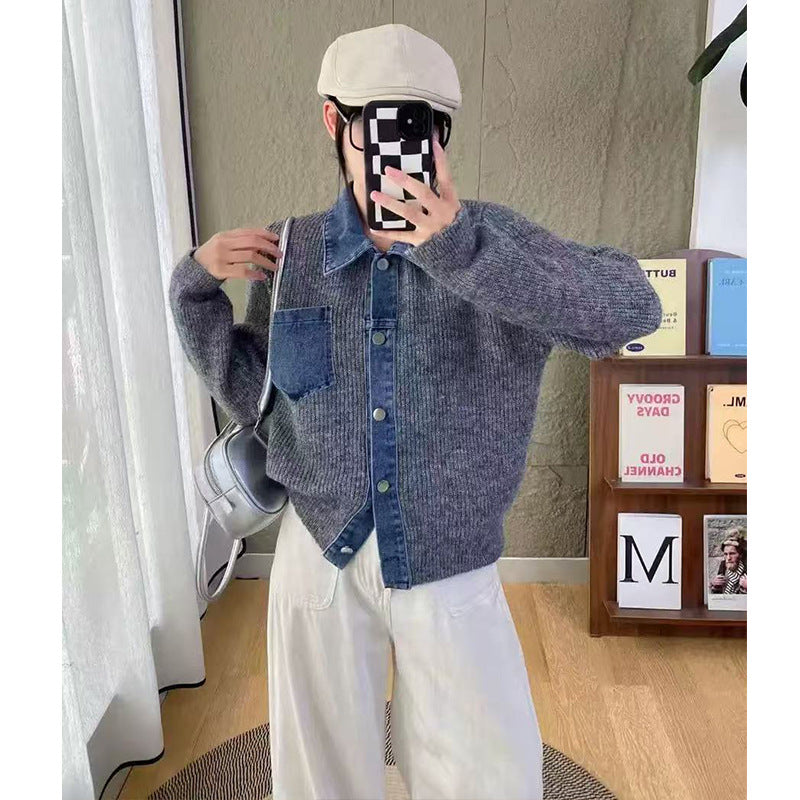 Women's Niche Retro Lapels Double Pocket Color Contrast Knitwear