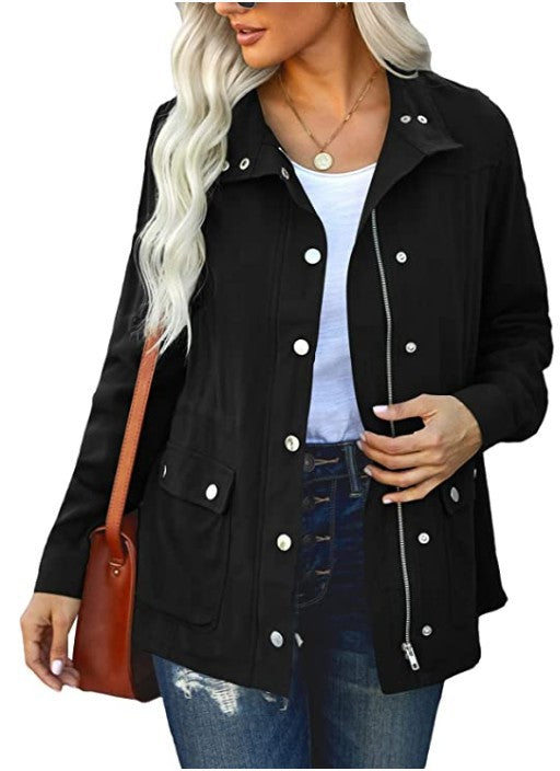 Women's Polo Collar Solid Color Pocket Fastener Coats