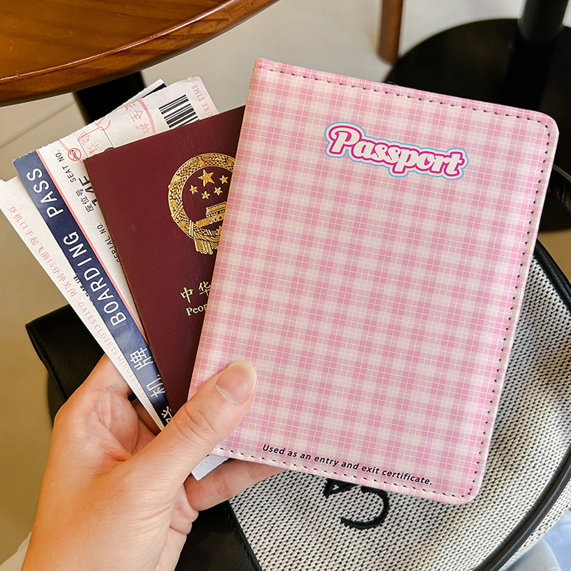 Pink Plaid Leather Overseas Passport Cover Card Holder