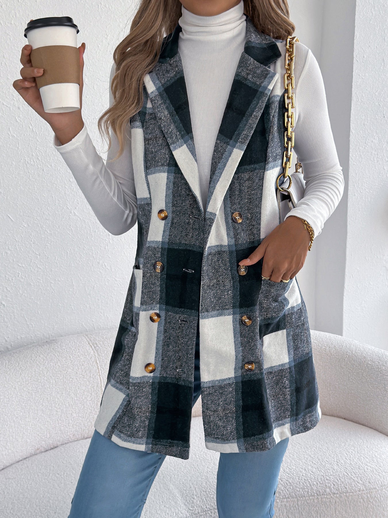 Women's Plaid Double Breasted Pocket Woolen Long Vests