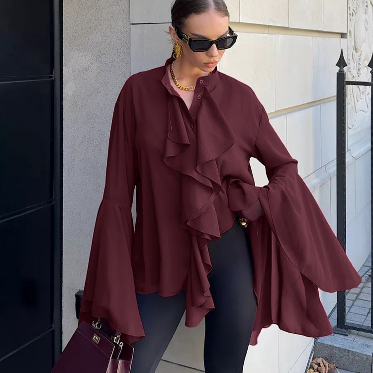 Women's Ruffled Shirt Small Stand-up Collar Flared Blouses