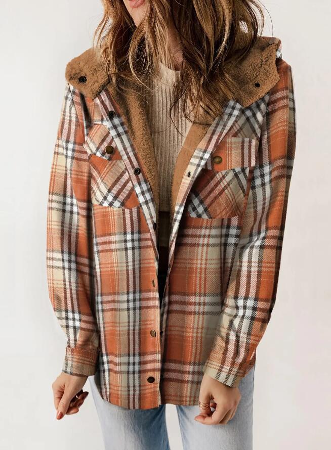 Women's Plaid Casual Long-sleeved Furry Hooded With Coats
