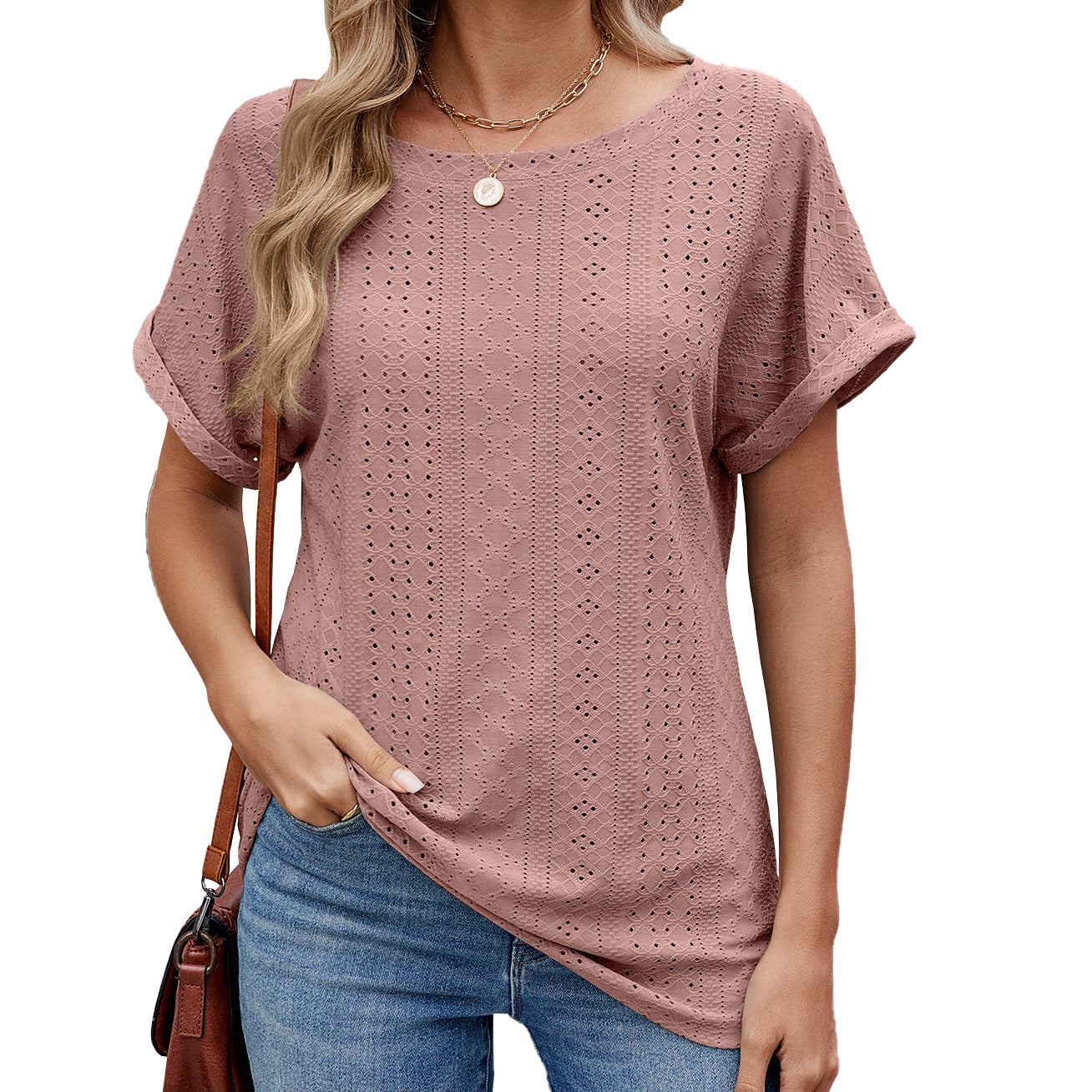 Women's Solid Color Round Neck Sleeves Loose-fitting Casual Women's T-shirt