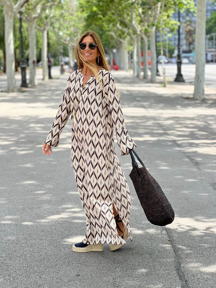 Temperament Polyester Large Swing Split Pullover Long Sleeve Slit Dress