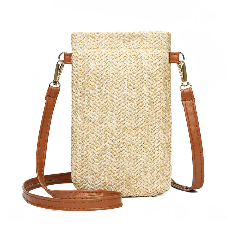Women's Summer Beach Woven Vertical Mobile Straw Shoulder Bags