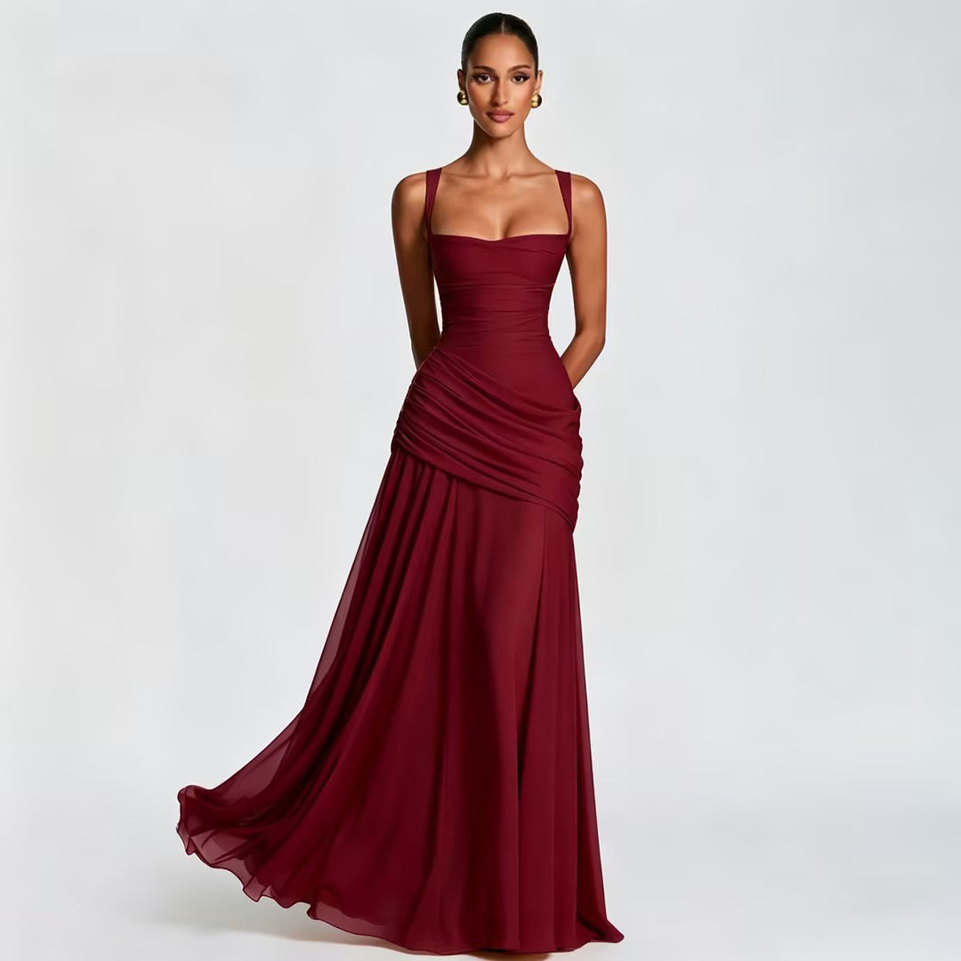 Women's Sexy Solid Color Pleated Low-cut Backless Dress