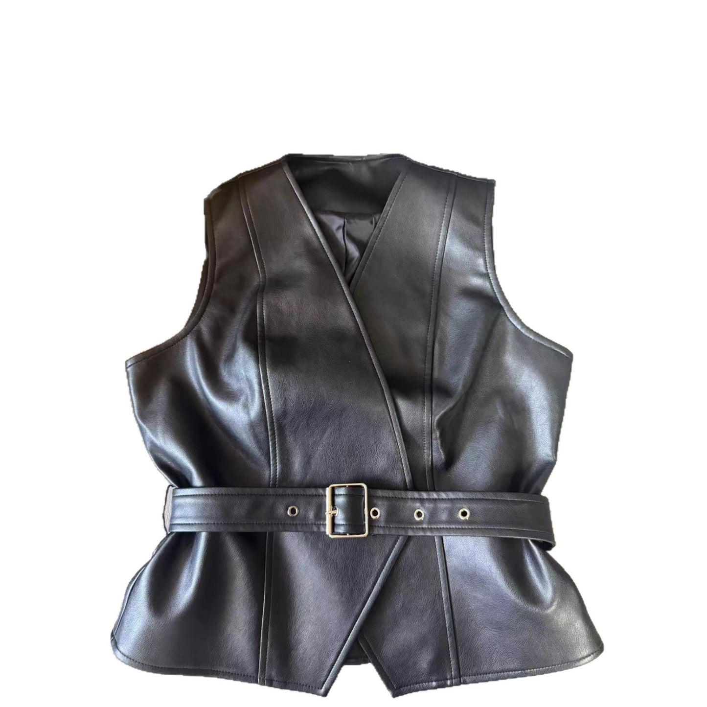 Women's Black Leather Sleeveless Slim Adjustable Belt Bandage Dress Basic Vests