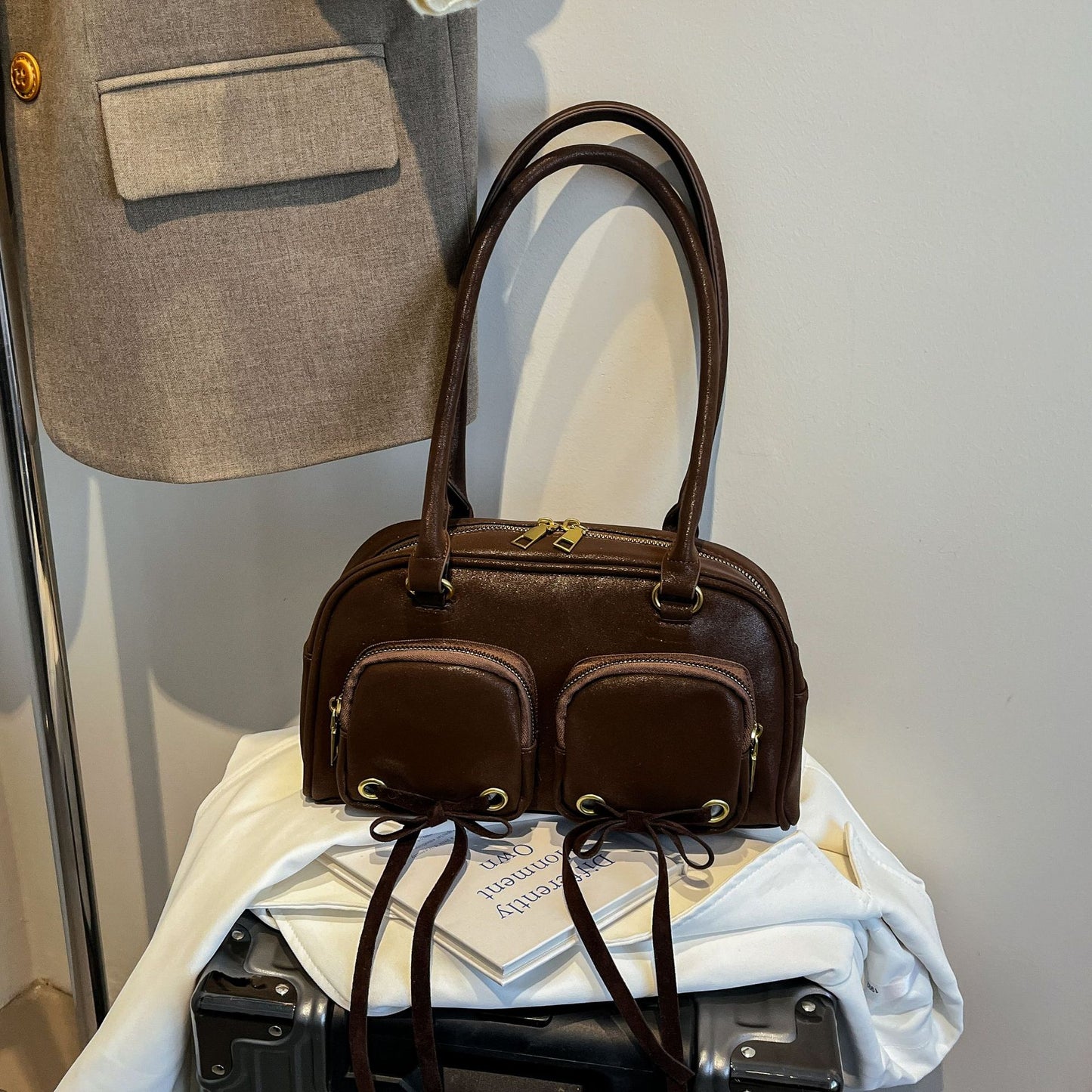 Women's Korean Style Trendy Double Pocket Bowknot Bowling Underarm Shoulder Bags