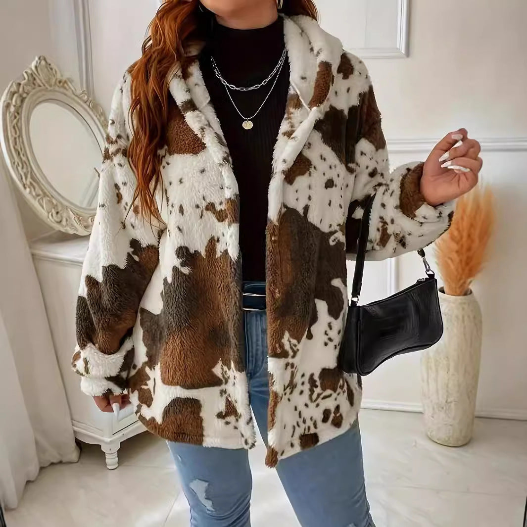 Women's Casual Fashion Plush Cow Print Button Knitwear