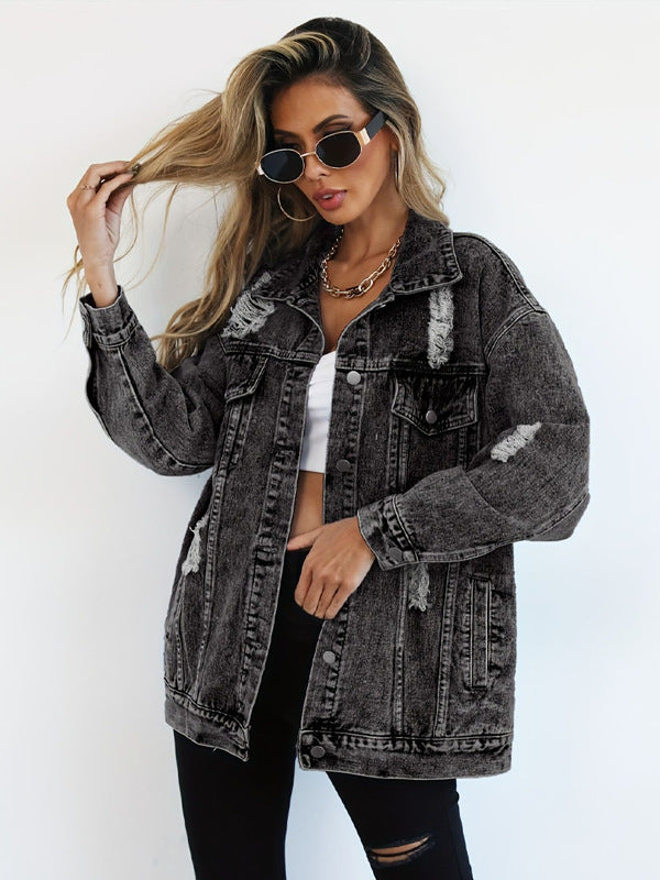 Lady's Denim Fashion Boyfriend Ripped Distressed Jackets