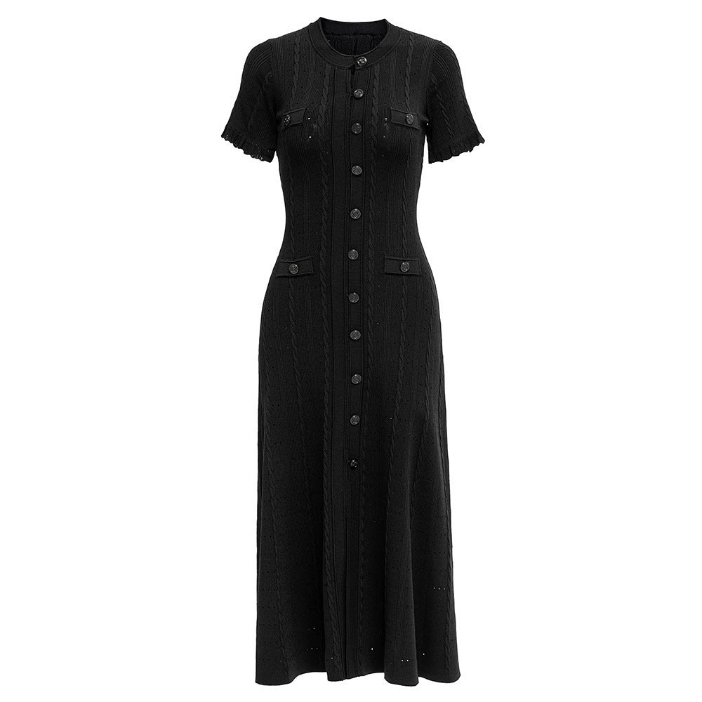 Button Jacquard Twist Slim Round Neck Dresses