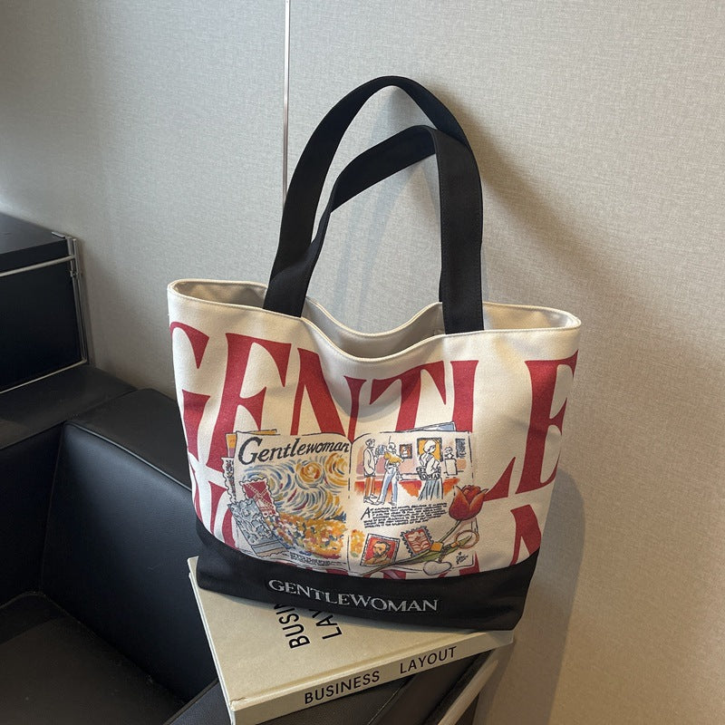 Women's Canvas Commuter Stitching Letter Large Capacity Shoulder Bags