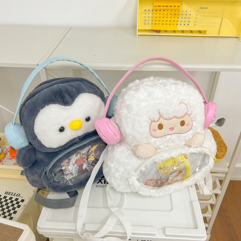 Cute Earphone Penguin Cartoon Furry Sweet Backpacks