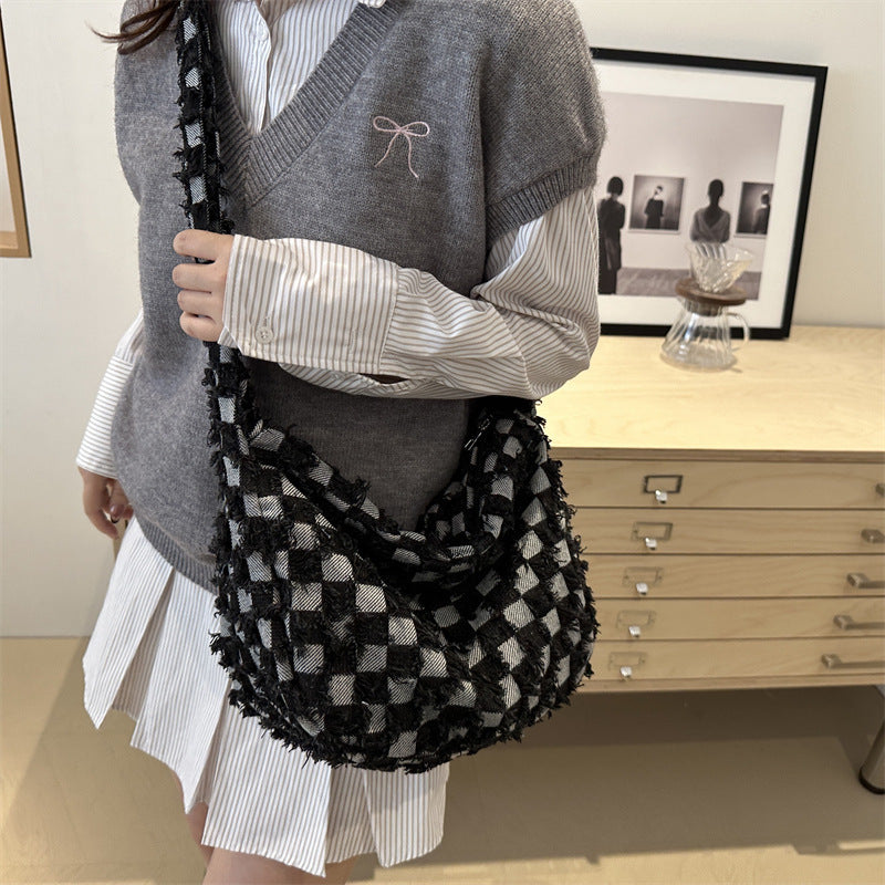 Mori Style Denim Niche Chessboard Fashion Shoulder Bags