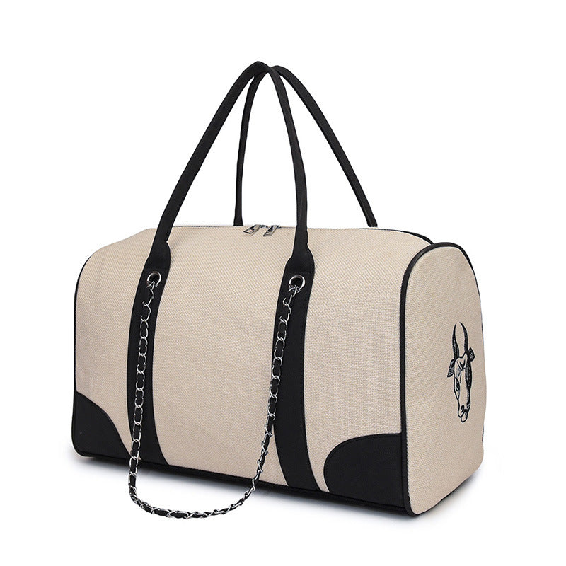Women's Capacity Contrast Color Canvas Portable Embroidery Commuter Shoulder Bags