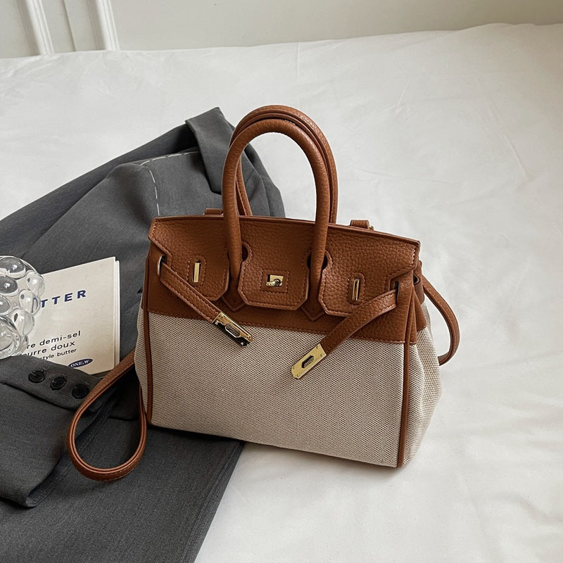 Women's Trendy Summer Lychee Pattern Canvas Contrast Shoulder Bags