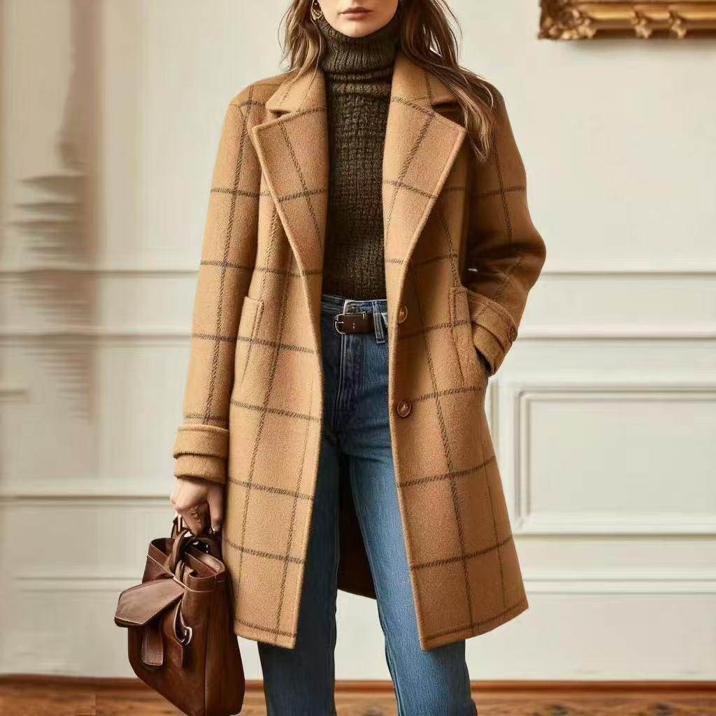 Women's Plaid Casual Temperament Mid-length Turn-down Collar Coats