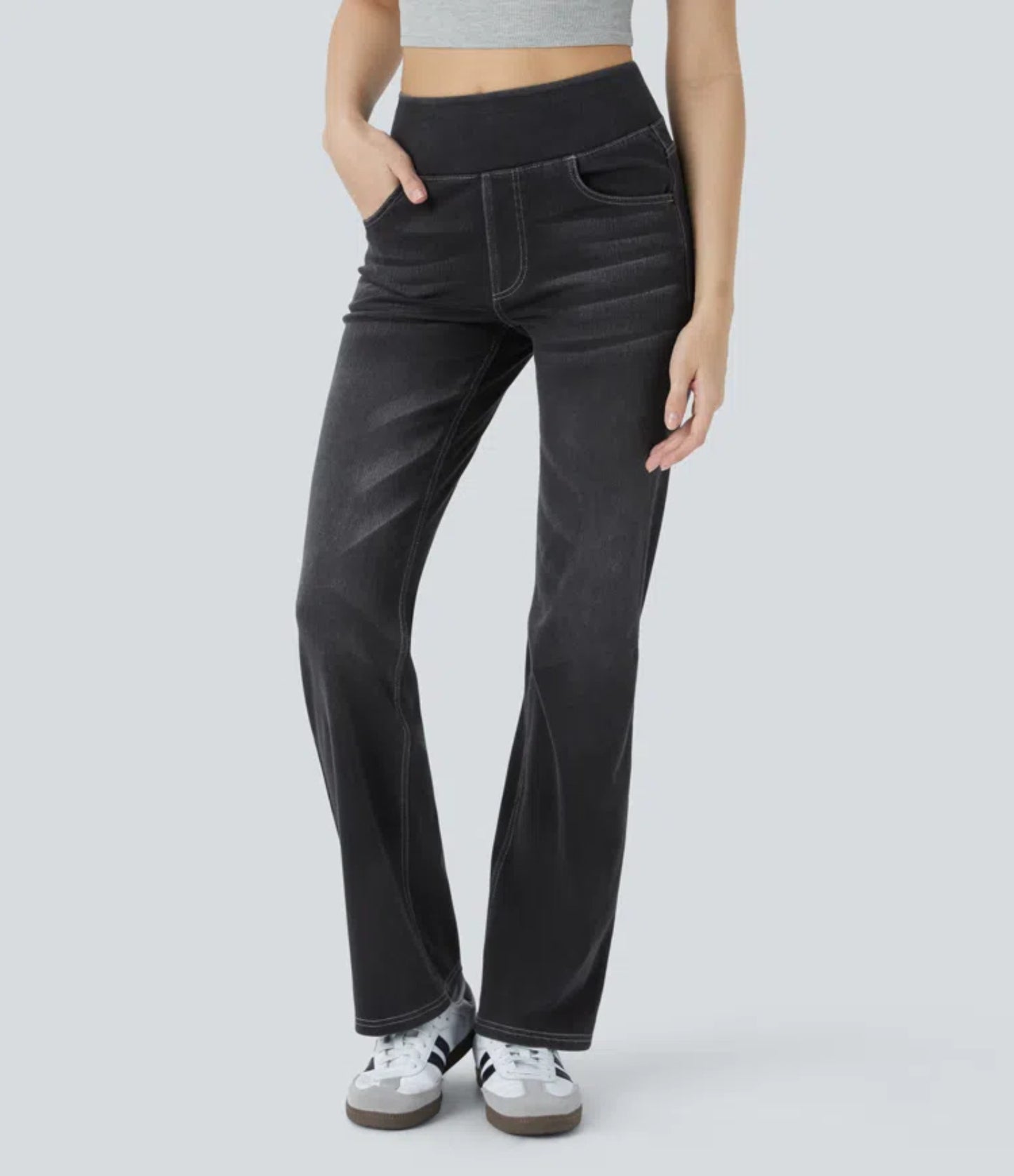 Women's Washed High Waist Straight Stretch Slim Fit Draped Jeans