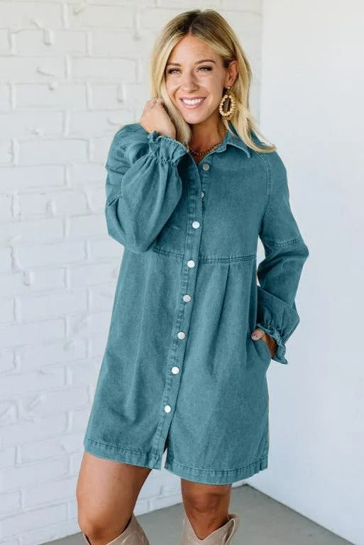 Women's Denim Button Lotus Leaf Long Sleeve Loose Dresses