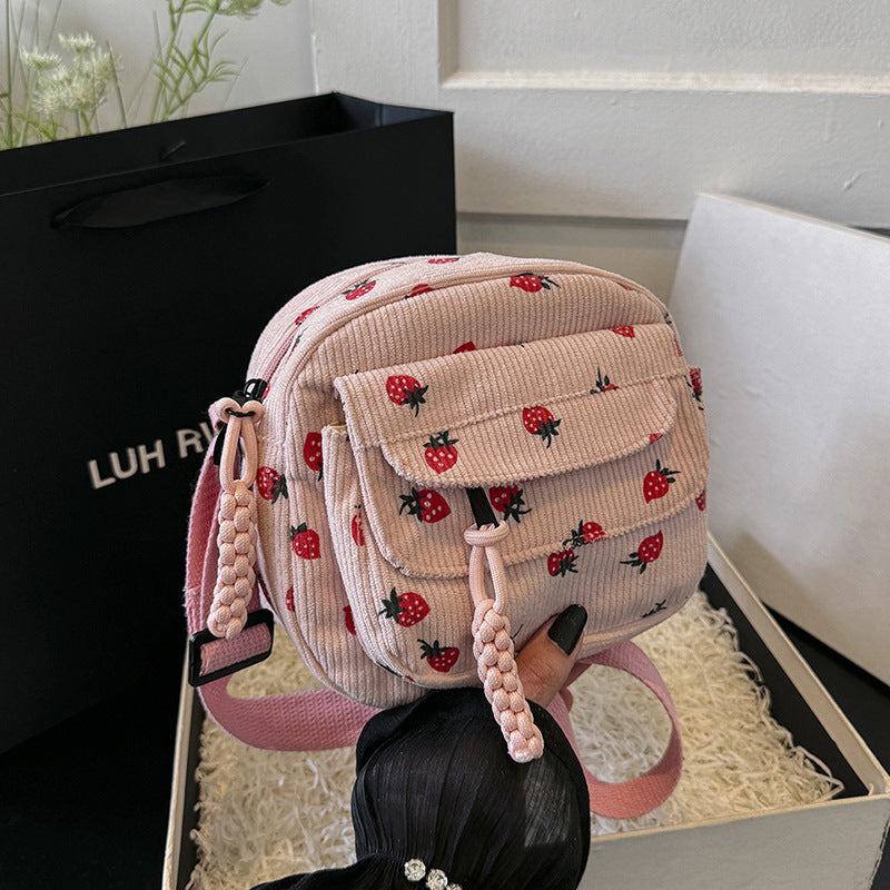 Women's Corduroy Cloth Korean Style Fashion Strawberry Crossbody Bags