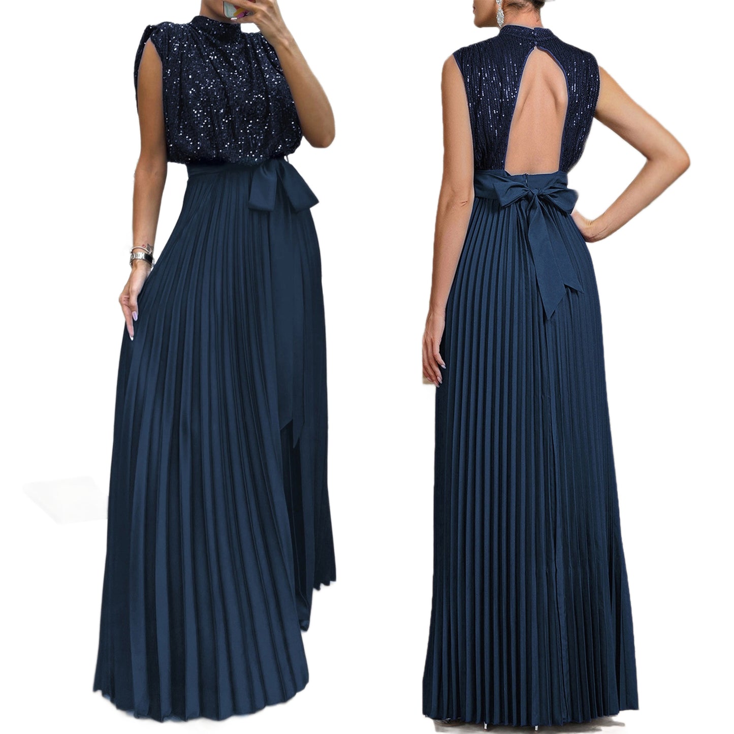 Women's Backless High Waist Pleated Dress Summer Dresses