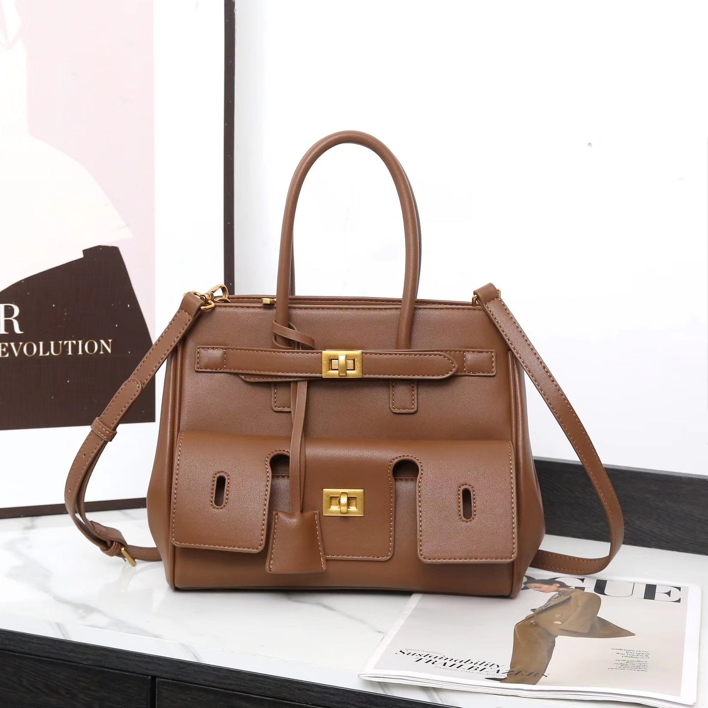 Female Design Black Soft Leather Large Handbags