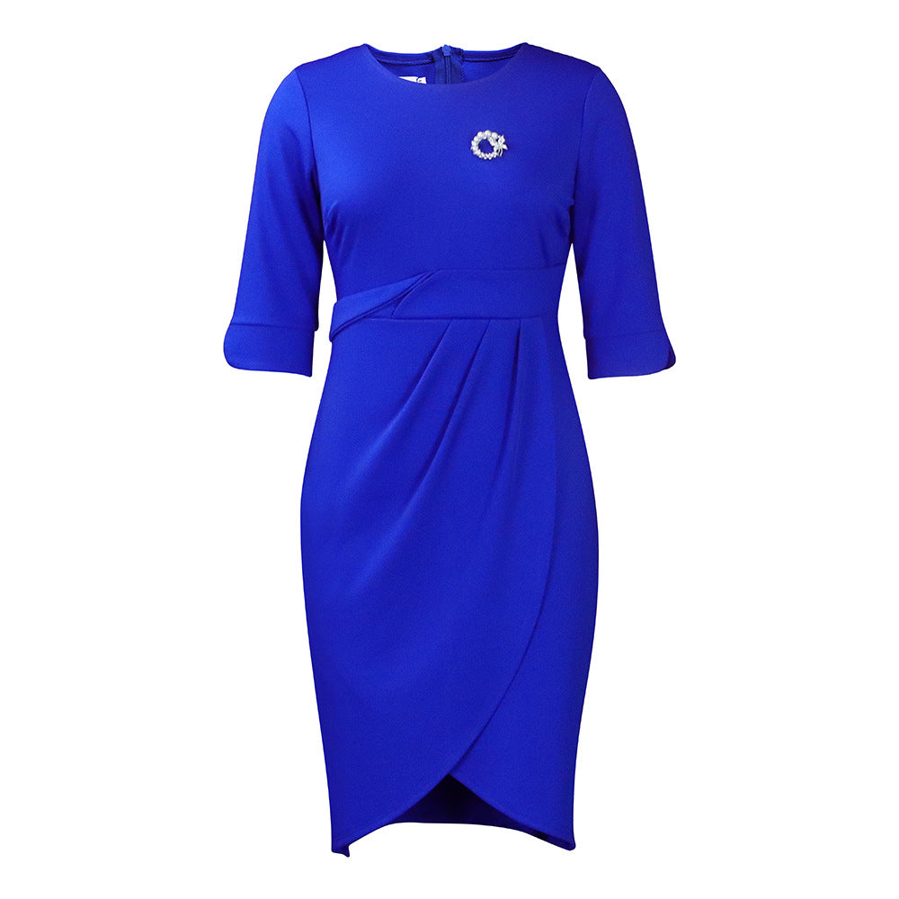 Women's Large Summer Elegant Pleated With Brooch Dress