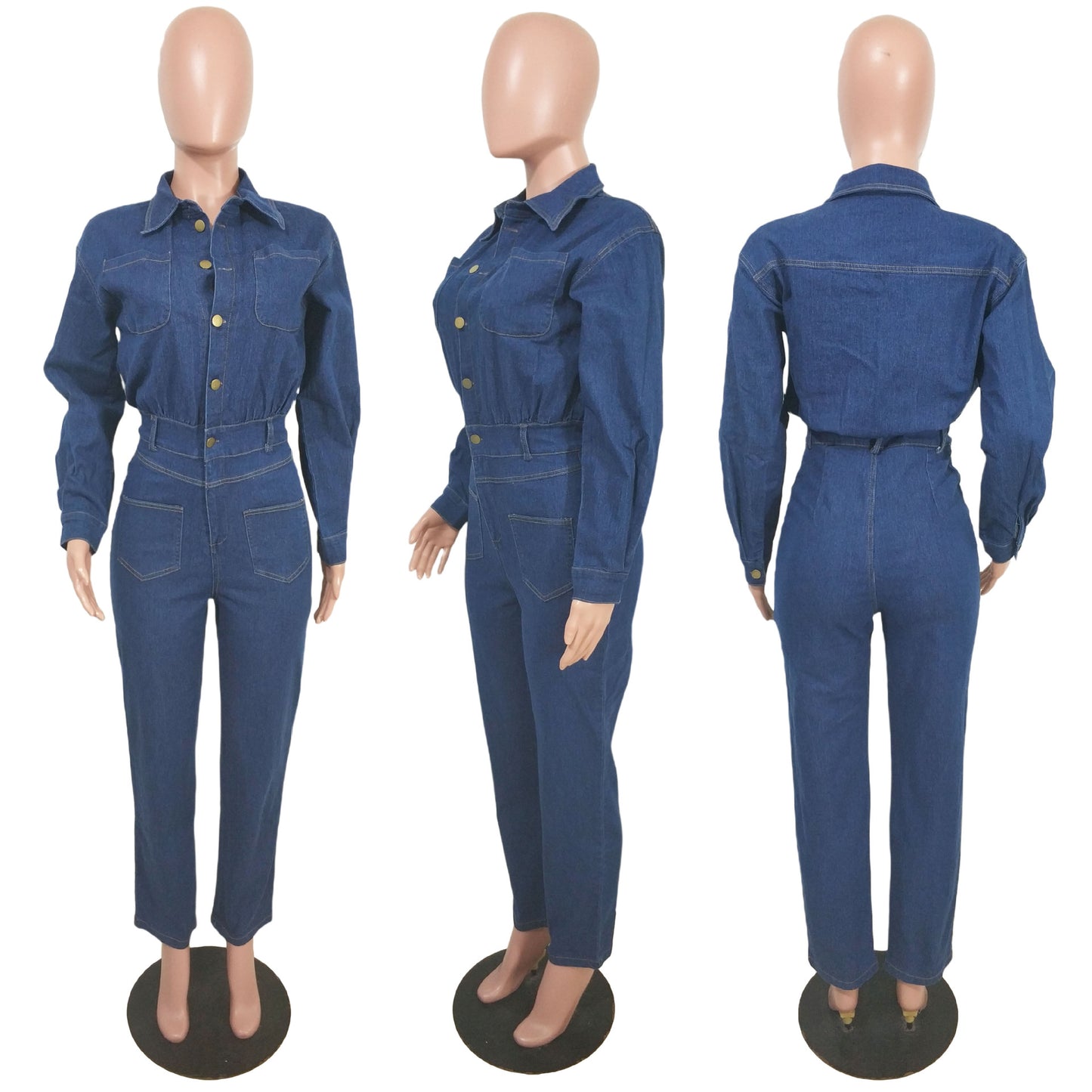 Classic Innovative Versatile Stretch Denim Pocket Jumpsuits