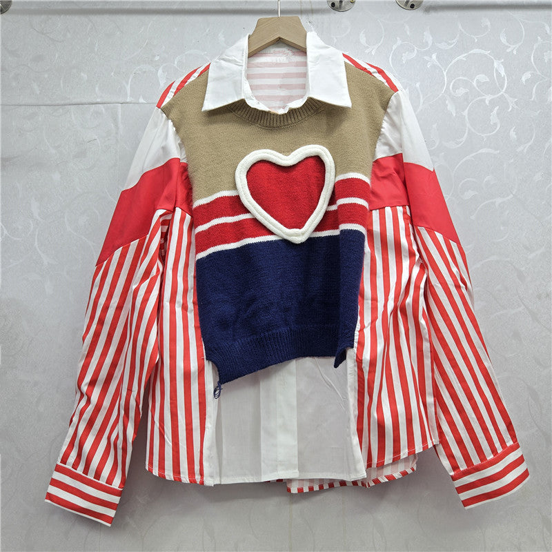 Women's Knitted Shirt Autumn American Stitching Contrast Blouses