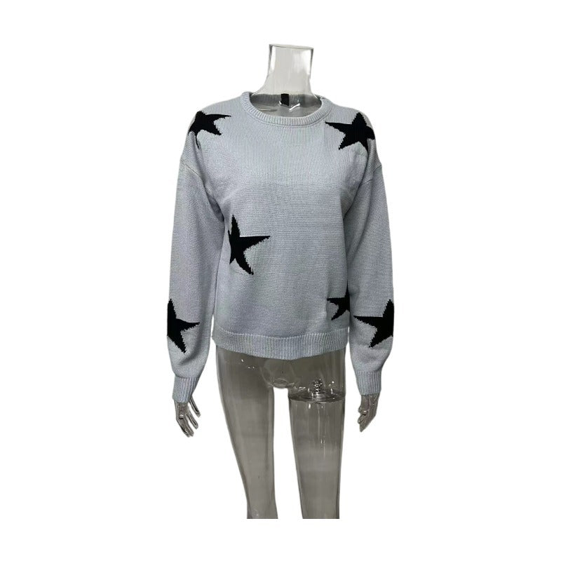 Women's Neck Long Sleeve Five-star Jacquard Pullover Sweaters