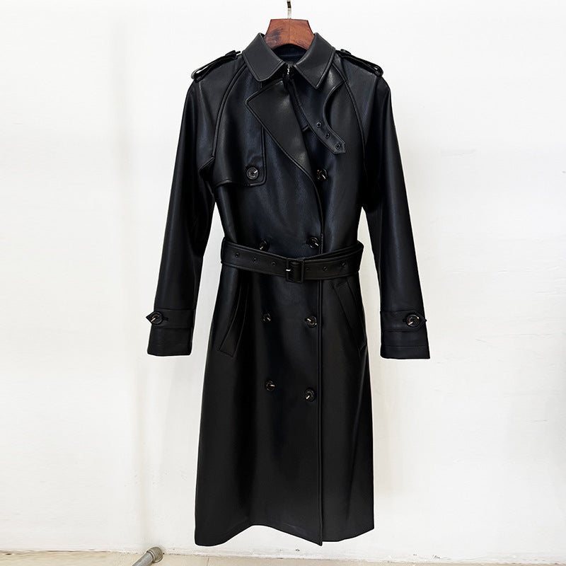 Fashionable Double-breasted Belt Mid-length Leather Wind Coats