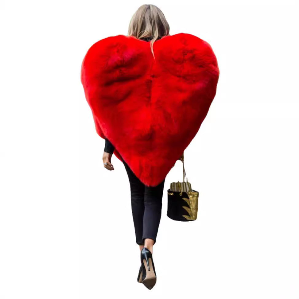 Sweet Peach Heart Imitation Fur Cloak Coats