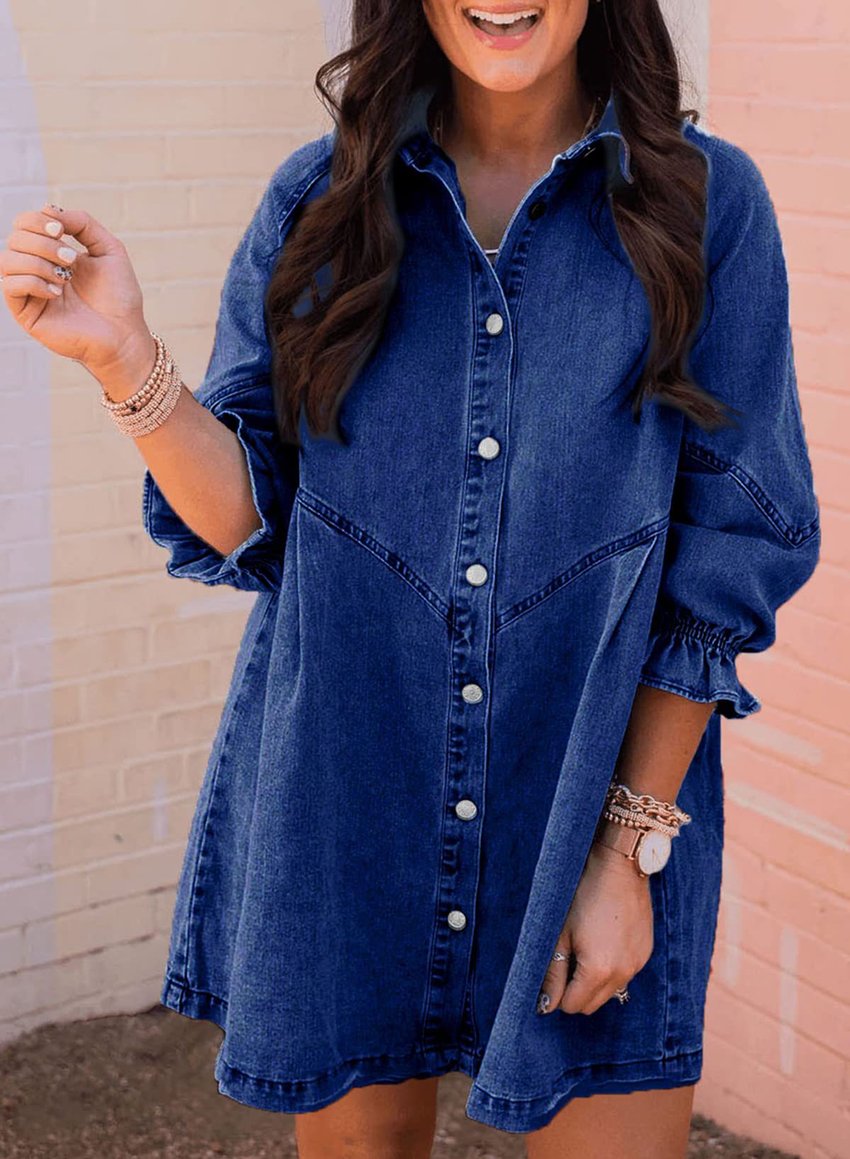 Washed Shirt Denim Lantern Sleeve Loose Dresses