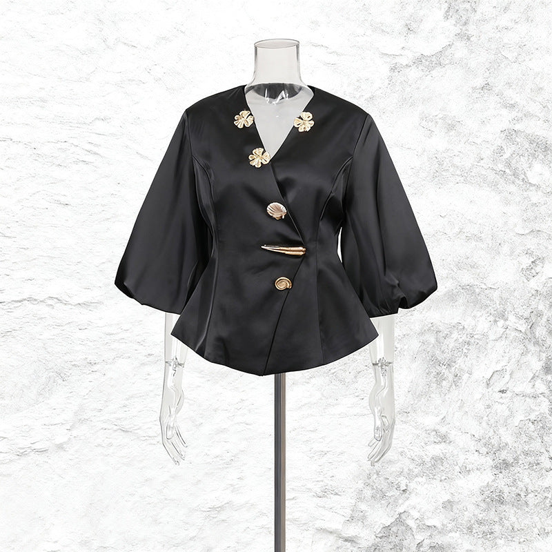 Women's Fresh Sweet Elegant Style Fashionable Metal Button Stitching Puff Blouses