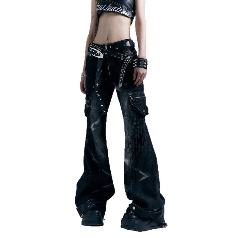 Women's Design Street Punk Low Waist Trousers Spring Rivet Jeans