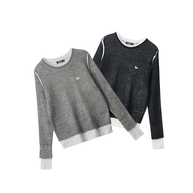 Women's Color Pullover Round Neck Stitching Design Knitted Sweaters