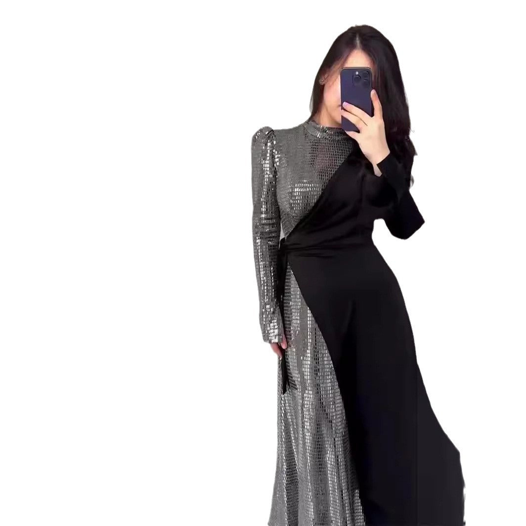 Spring Stylish Temperament Long Sleeves Stitching Sequins Design Dresses