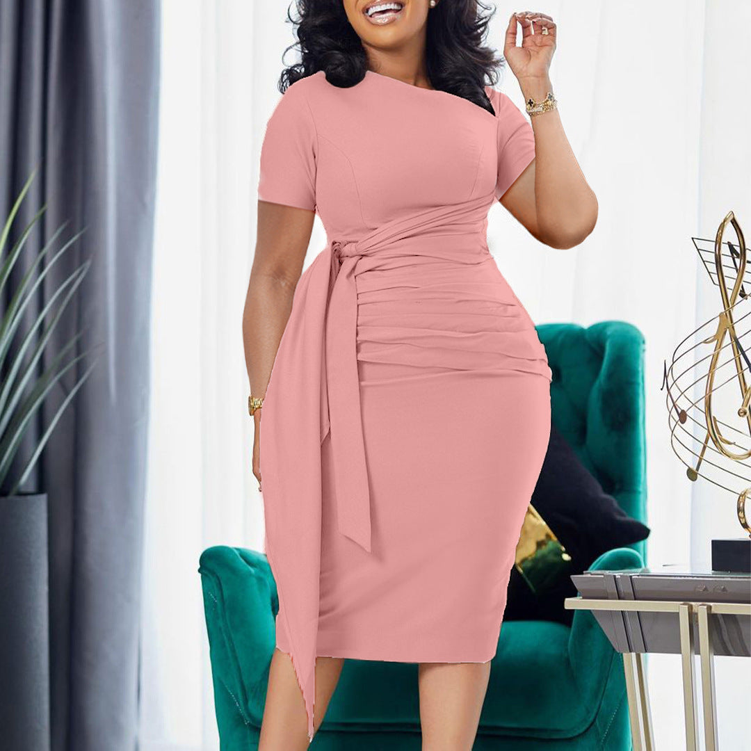 Women's Wear Summer Sleeve Fashion Pleated Elegant Diagonal Dress
