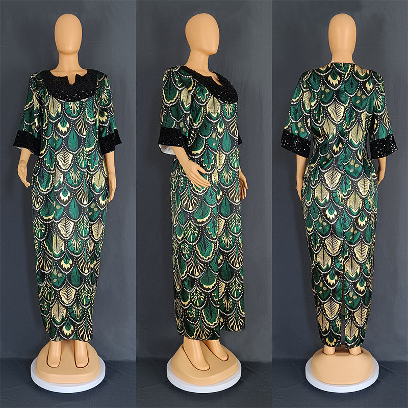 Women's African Satin Sequin Long Gown Dress Dresses