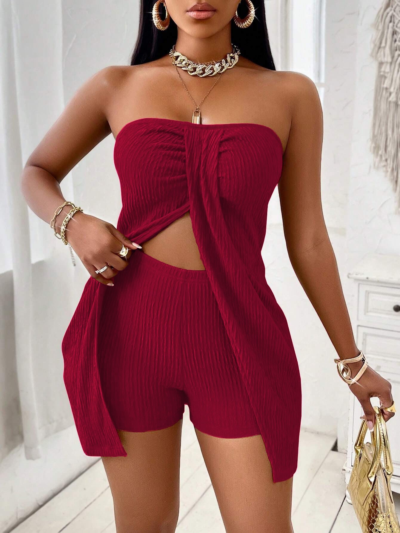 Classy Cool New Solid Color Strapless Fashion Casual Suit