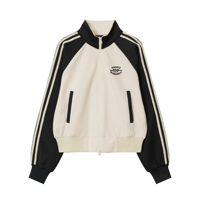Women's Contrast Color Striped Sleeve Hoodie Stand Sweaters