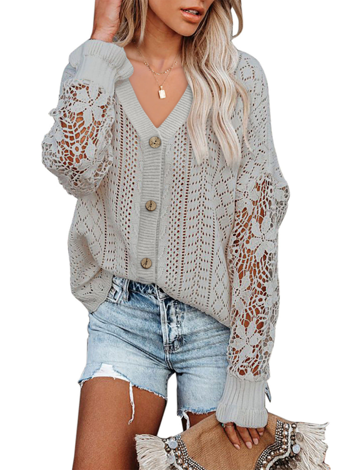 Women's Casual Pure Color Hollow Lace Long Knitwear