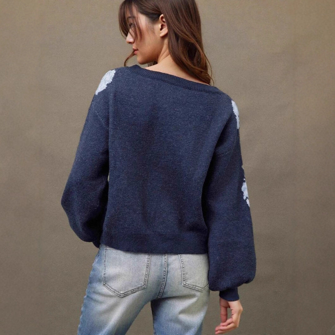 Women's Flower Jacquard Pullover Korean Loose Casual Sweaters